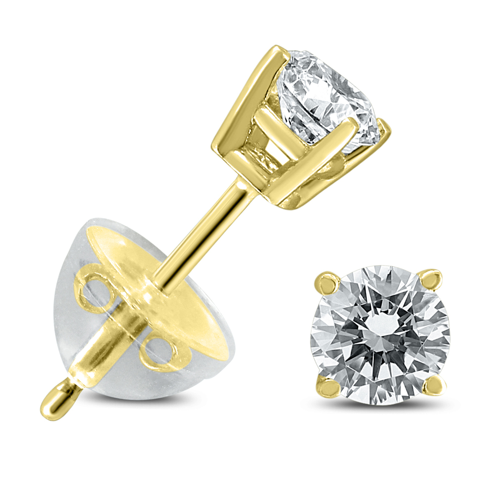 .35CTW Round Diamond Solitaire Studs  In 14k Yellow Gold with Silicon Backs